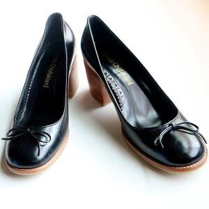 NEW Sarah Chofakian Black Goat Skin Block Heel Round Toe Bow Pumps Formal Shoes